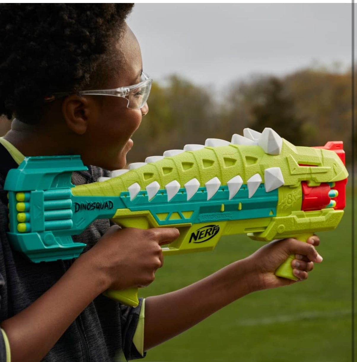 Nerf DinoSquad Armorstrike Dart Blaster, 8-Dart Rotating Drum, Drop Grip, 16 Nerf Elite Darts, Anklyosaurus Dinosaur Design