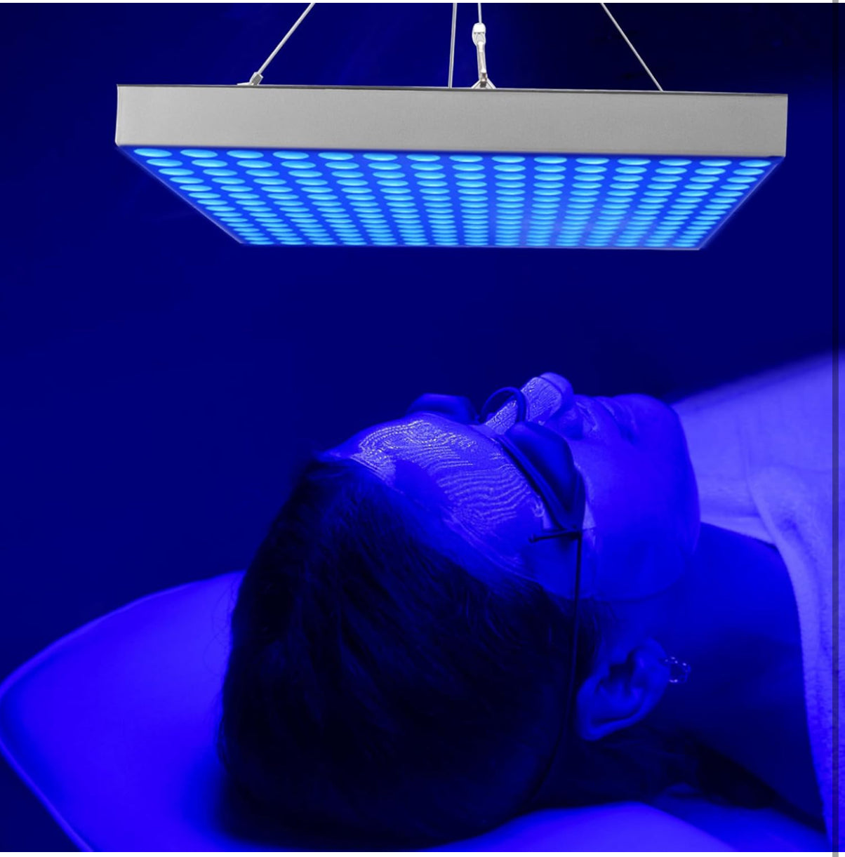 Home Tanning Lamp,Face and Body Sunlamp with Hanging Ring Hook and Blindfold,460nm Full Blue Therapy Lamp LED Skin Tanning Light with 225pcs LEDs 15W,Eye Protection Self Tanning Machine for Face,Body