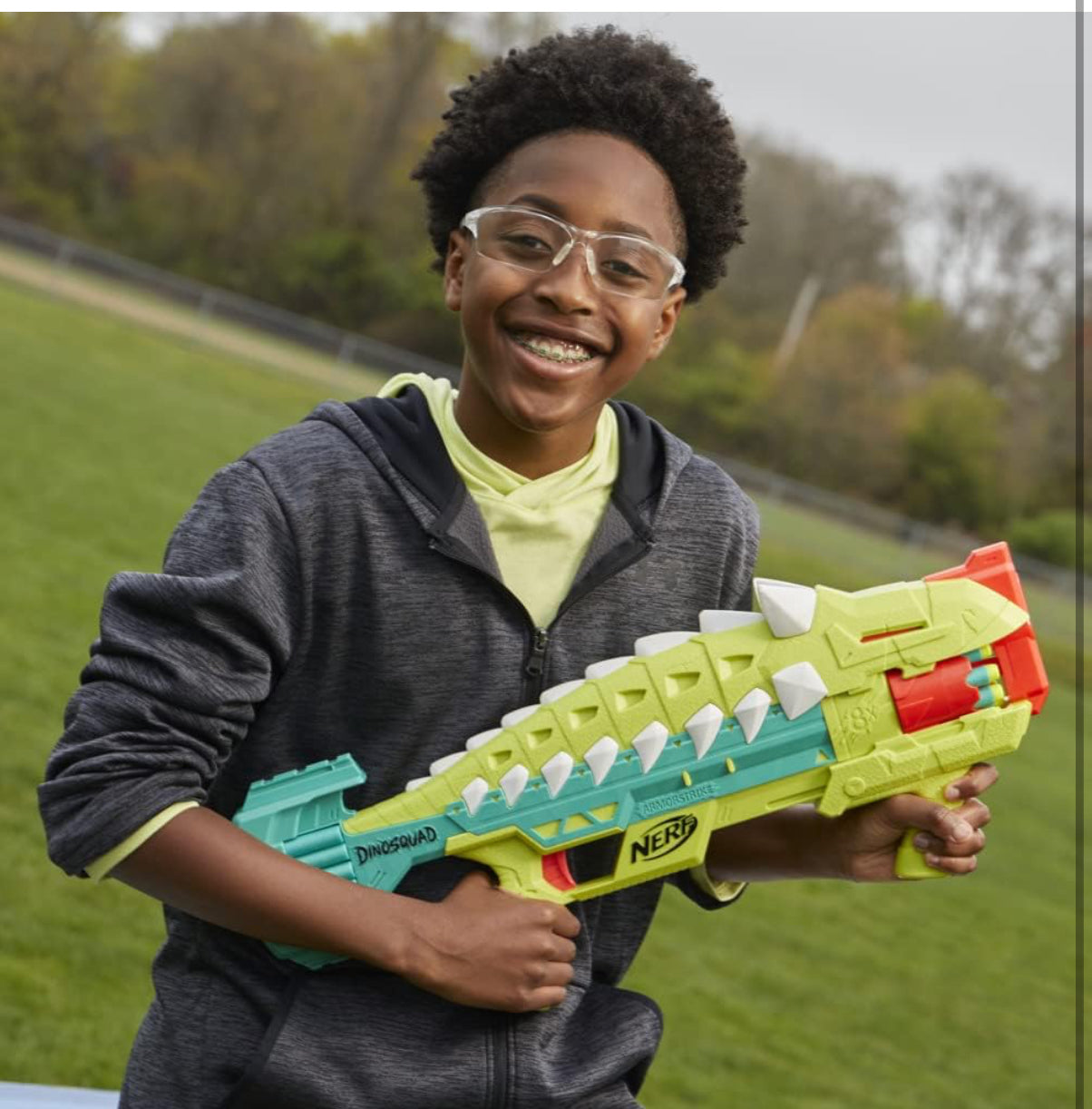 Nerf DinoSquad Armorstrike Dart Blaster, 8-Dart Rotating Drum, Drop Grip, 16 Nerf Elite Darts, Anklyosaurus Dinosaur Design