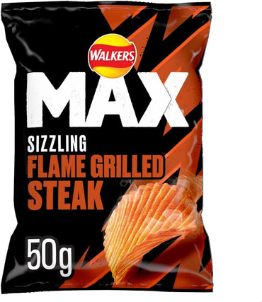 Walkers Max Sizzling Flame Grilled Steak Crisps (24X50g)