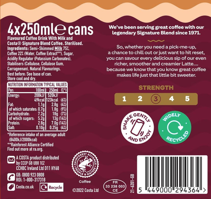 16X250ml Costa Coffee Classic Latte Iced Coffee  BBE 04-26 RRP £22 Sale £10.99