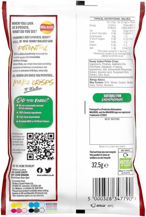 32 X 32.5g Walkers Ready Salted Crisps  BBE 23-08-25 RRP £24.99 Sale price £14.99