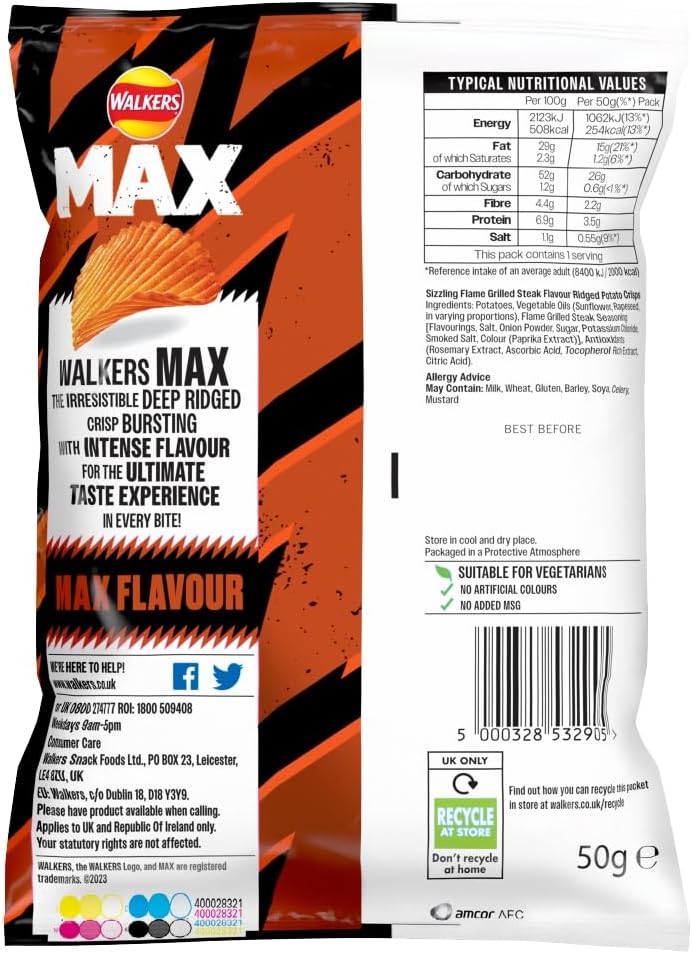 Walkers Max Sizzling Flame Grilled Steak Crisps (24X50g)