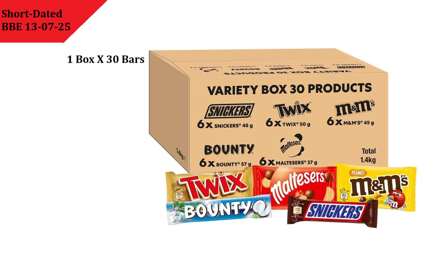 Mixed Bulk Chocolate Box, M&M's Peanuts, Snickers, Twix, Maltesers, Bounty, 1.4kg - 30 Full-Size- Milk Chocolate Bars &amp; Bags, Ideal for Gift, Snacks, Hampers or Party Bags  BBE 13-07-25 RRP £29.99 Sale price £14.99