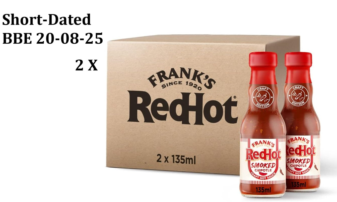 Frank's RedHot Smoked Chipotle Craft Hot Sauce 135 ML | Pack of 2 | Use as Condiment | For Veg &amp; Non-Veg Cuisine | Perfect for Steak, Hot Dogs, and Hamburgers | No Artificial Colourings or Flavourings  BBE 20-08-25 RRP £9.99 Sale price £4.99