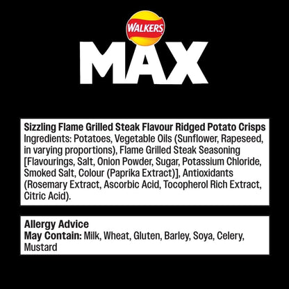 Walkers Max Sizzling Flame Grilled Steak Crisps (24X50g)