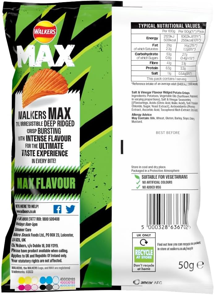 24X50g Walkers Max Zingy Salt & Malt Vinegar BBE 19-07-25 RRP £25 Sale price £14.49