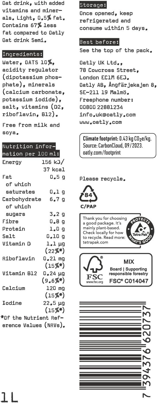 6 X 1L Oatly Light Oat Drink  BBE 13-07-25 RRP £14.99 Sale price £5.99