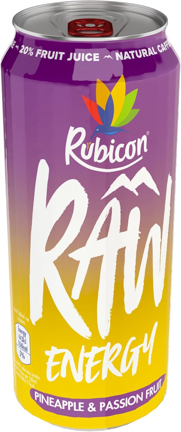 12X500ml Rubicon RAW Pineapple Passion Energy Drink, 20% Real Fruit Juice, High caffeine with B-Vitamins, Ginseng &amp; Guarana, No Artificial Colours or Flavours, Reduce Tiredness Boost Energy  BBE 09-25 RRP £15 Sale price £6.99