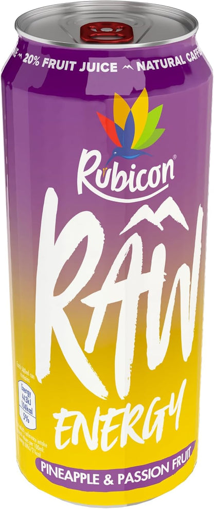 12X500ml Rubicon RAW Pineapple Passion Energy Drink, 20% Real Fruit Juice, High caffeine with B-Vitamins, Ginseng &amp; Guarana, No Artificial Colours or Flavours, Reduce Tiredness Boost Energy  BBE 09-25 RRP £15 Sale price £6.99