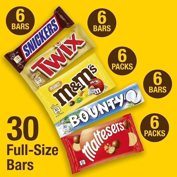 Mixed Bulk Chocolate Box, M&M's Peanuts, Snickers, Twix, Maltesers, Bounty, 1.4kg - 30 Full-Size- Milk Chocolate Bars &amp; Bags, Ideal for Gift, Snacks, Hampers or Party Bags  BBE 13-07-25 RRP £29.99 Sale price £14.99