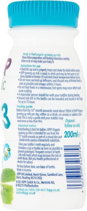 8 X 200ml HiPP Organic 3 Growing up Baby Milk Ready to feed liquid formula, From 12th months  BBE 23-08-25 RRP £12.99 Sale price £6.99