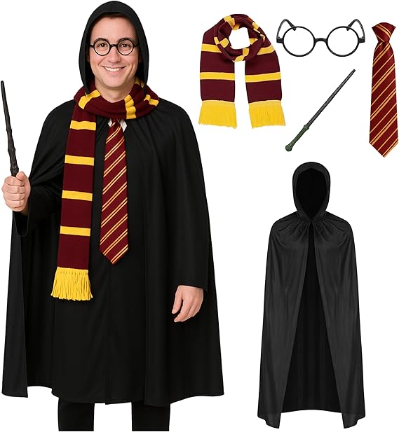 5pc Adult Wizard Costume - Wizard Accessories With Black Hooded Cape