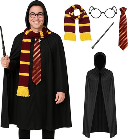 5pc Adult Wizard Costume - Wizard Accessories With Black Hooded Cape