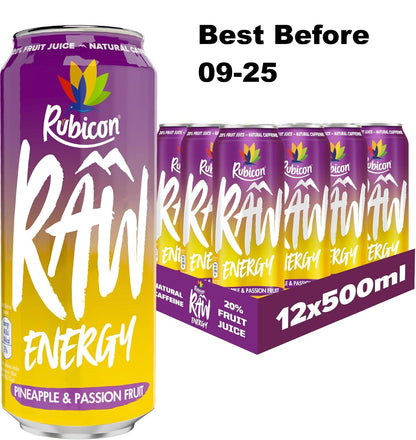 12X500ml Rubicon RAW Pineapple Passion Energy Drink, 20% Real Fruit Juice, High caffeine with B-Vitamins, Ginseng &amp; Guarana, No Artificial Colours or Flavours, Reduce Tiredness Boost Energy  BBE 09-25 RRP £15 Sale price £6.99