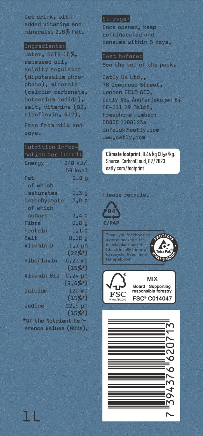 6 x 1L Oatly Whole Oat Drink  BBE 19-10-25 RRP £13.99 SALE PRICE £5.99