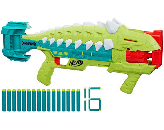Nerf DinoSquad Armorstrike Dart Blaster, 8-Dart Rotating Drum, Drop Grip, 16 Nerf Elite Darts, Anklyosaurus Dinosaur Design