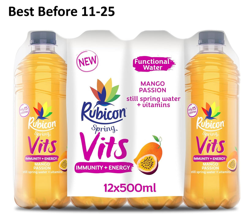12 X 500ml Rubicon Spring Vits Mango Passion Still Vitamin Water - 15 Calories per bottle for healthy hydration - Drinks Multipack Bottles  BBE 11-25 RRP £16 Sale price £6.99