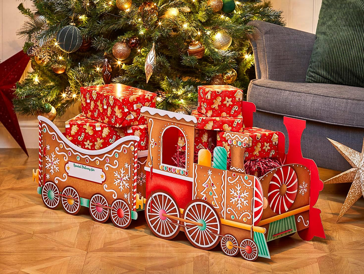 Design by Violet Gingerbread Christmas Train Gift Holder – Festive Cardboard Toy Train for Presents Treats – 1200GSM with 83 Alphabet Stickers – Cute Christmas Morning Decoration for Kids