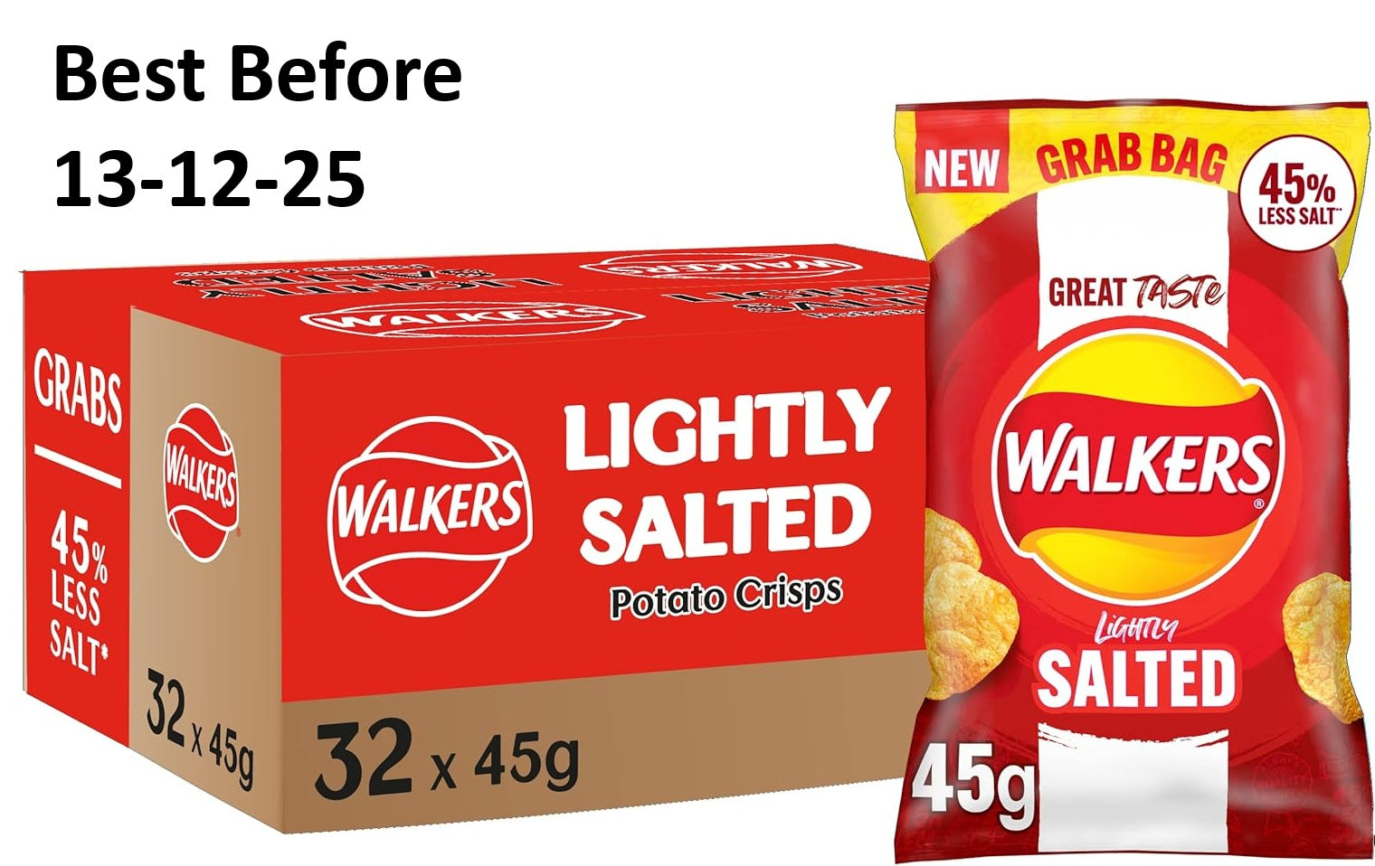 32X45g Walkers Less Salt Lightly Salted Crisps  BBE 12-25 RRP £27 SALE PRICE £9.99