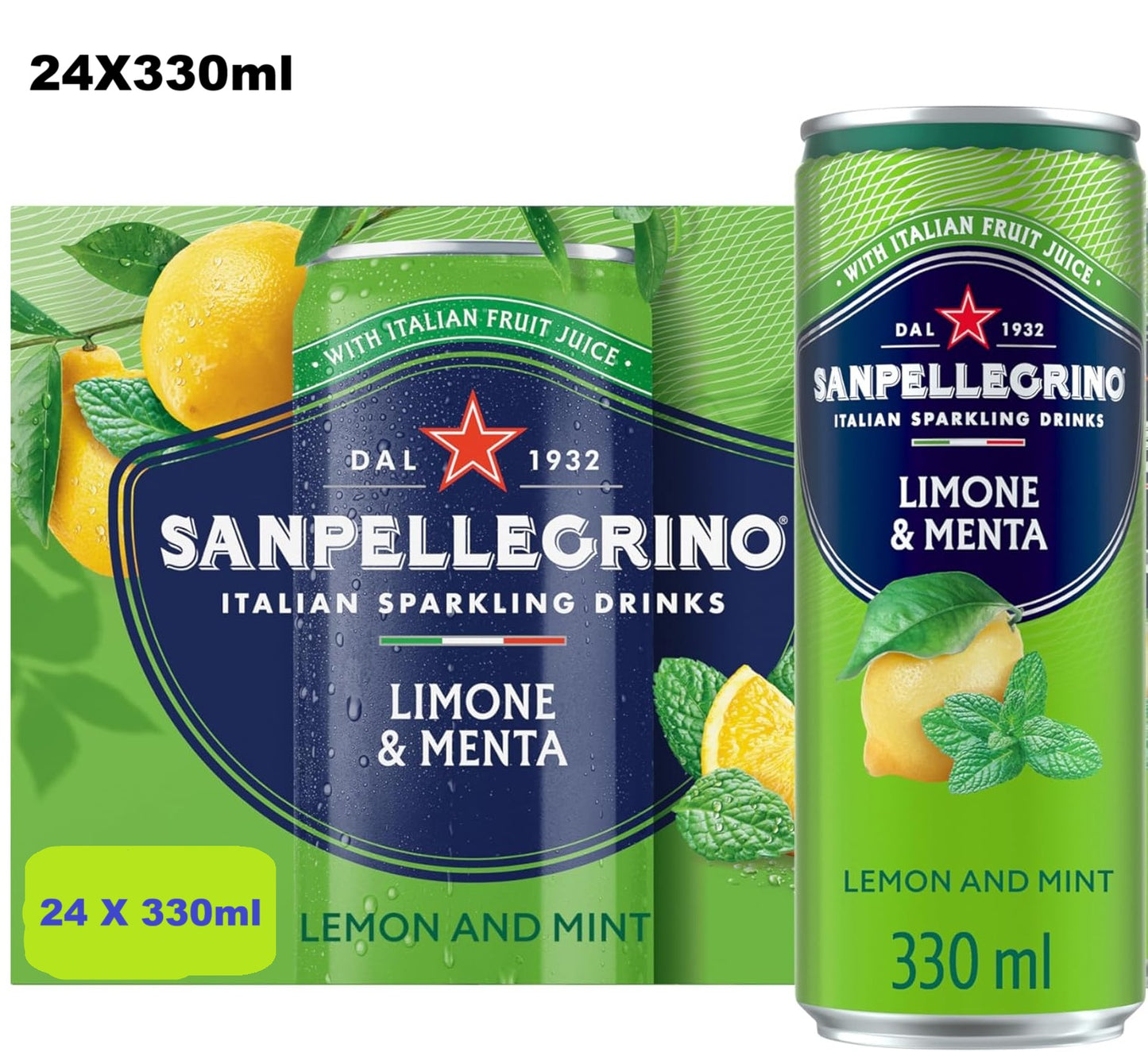 24 x 330ml San Pellegrino Italian Tastefully Light Sparkling Lemon & Mint Canned Soft Drink  74 kCals per Can  BBE 02-26 RRP £25 Sale price £9.99 free shipping