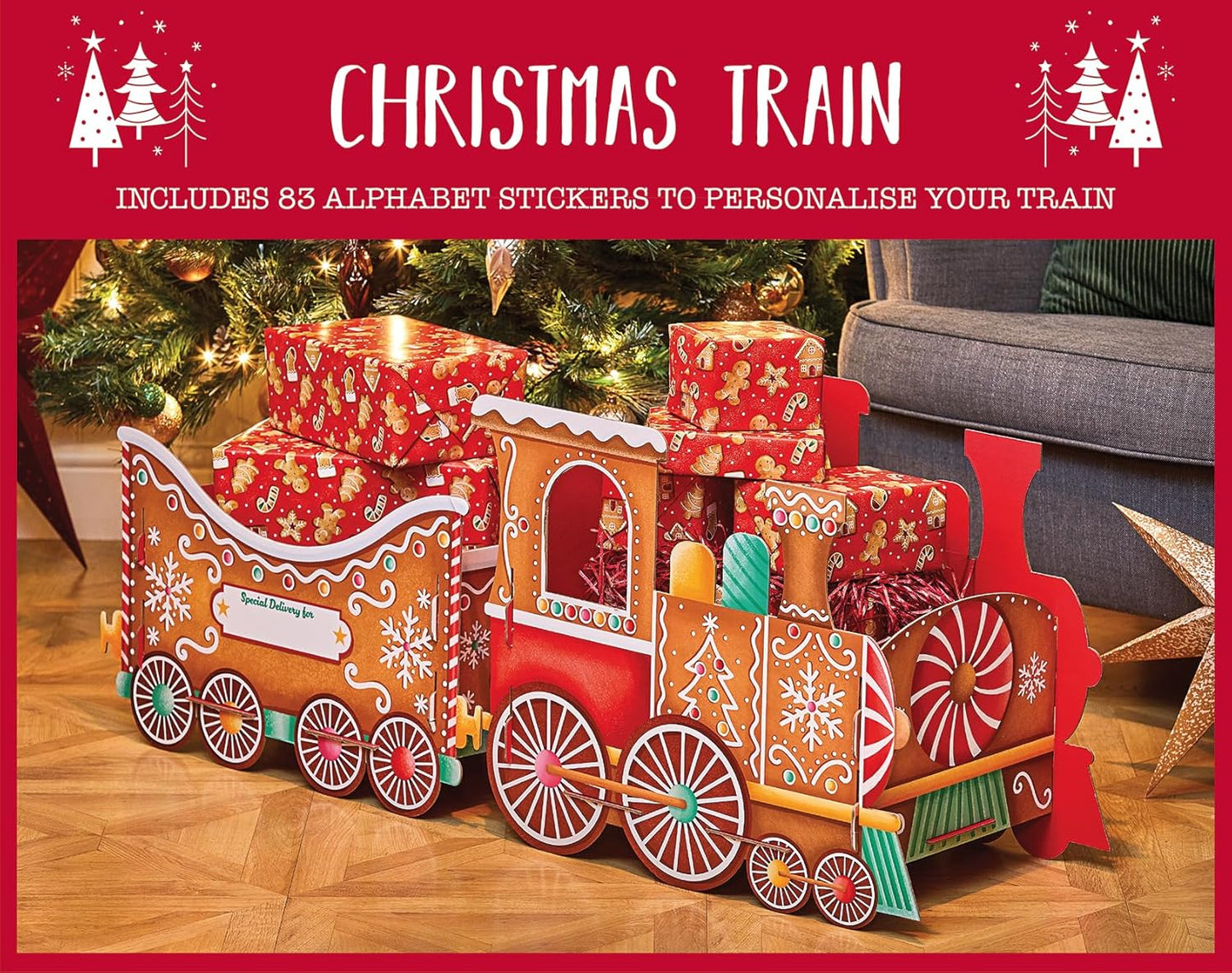 Design by Violet Gingerbread Christmas Train Gift Holder – Festive Cardboard Toy Train for Presents Treats – 1200GSM with 83 Alphabet Stickers – Cute Christmas Morning Decoration for Kids