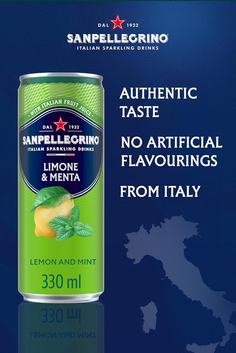 24 x 330ml San Pellegrino Italian Tastefully Light Sparkling Lemon &amp; Mint Canned Soft Drink  74 kCals per Can  BBE 02-26 RRP £25 Sale price £17.99 free shipping