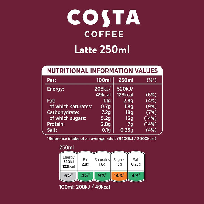 16X250ml Costa Coffee Classic Latte Iced Coffee  BBE 04-26 RRP £22 Sale £10.99