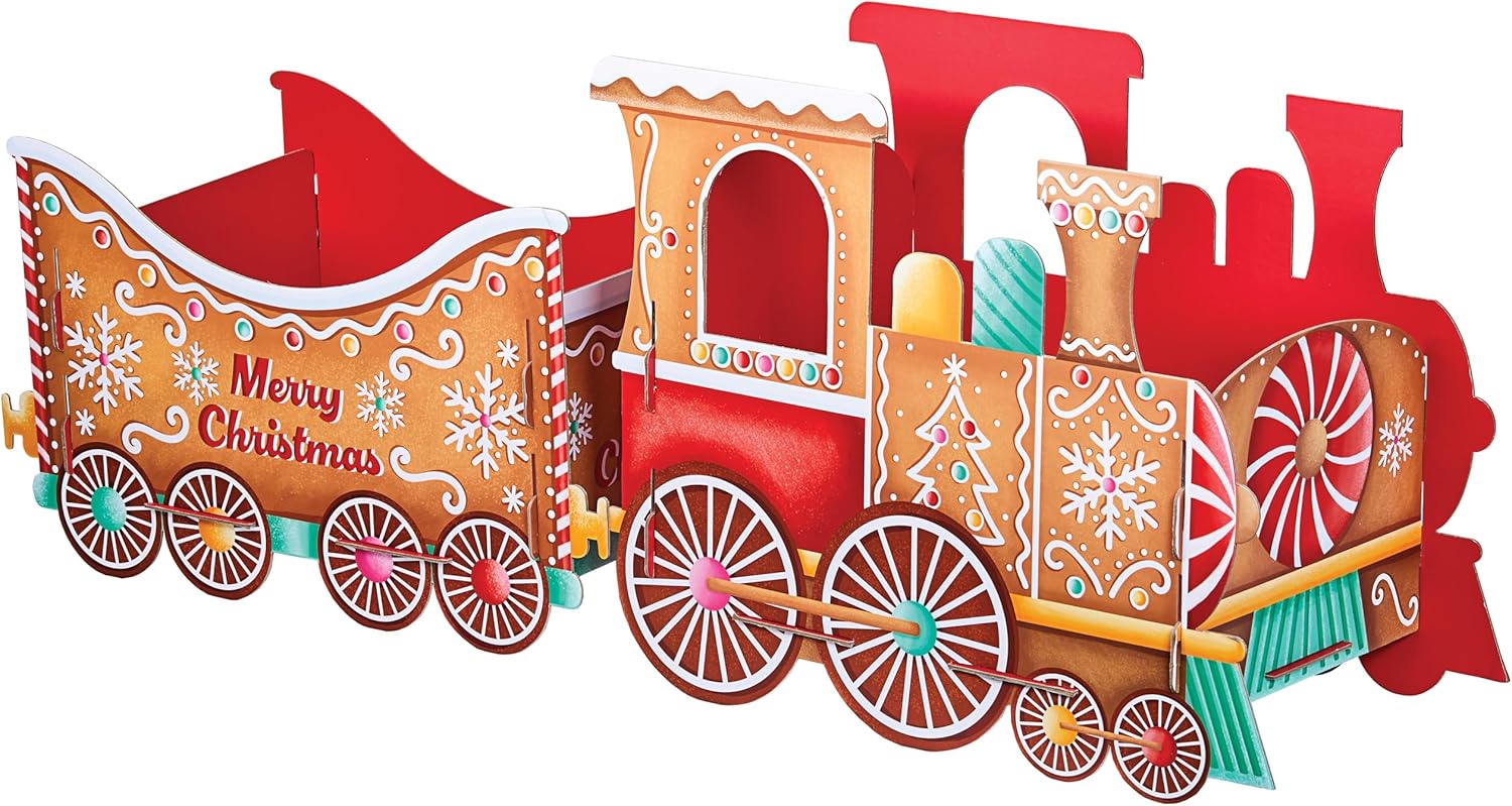 Design by Violet Gingerbread Christmas Train Gift Holder – Festive Cardboard Toy Train for Presents Treats – 1200GSM with 83 Alphabet Stickers – Cute Christmas Morning Decoration for Kids