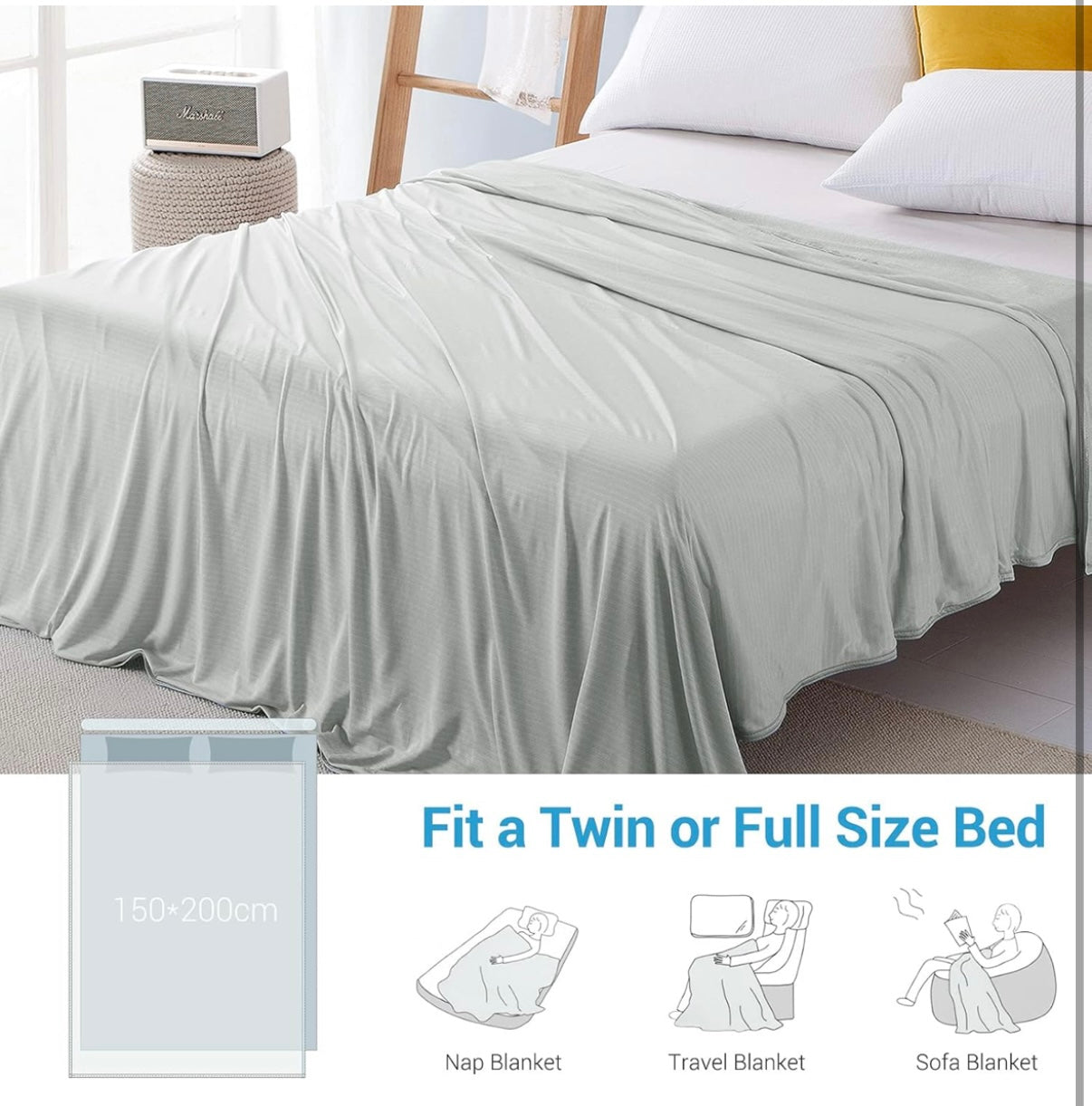 Marchpower Cooling Blanket, Bamboo Blankets 150x200cm Queen Size, Arc-chill Q-MAX>0.34 Cool Fiber Lightweight Summer Luxury Version Absorb Heat for Night Sweats Breathable and Soft All Season-Grey