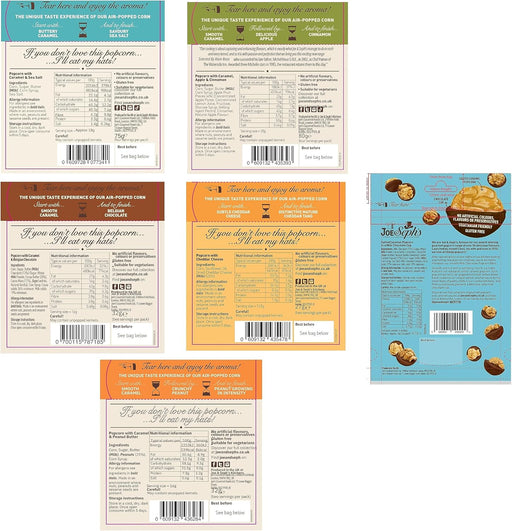Joe & Sephs box 1x500g Chocolate Gourmet Popcorn 6 flavours bbe 31-08-25 rrp £19.99 sale price £11.50
