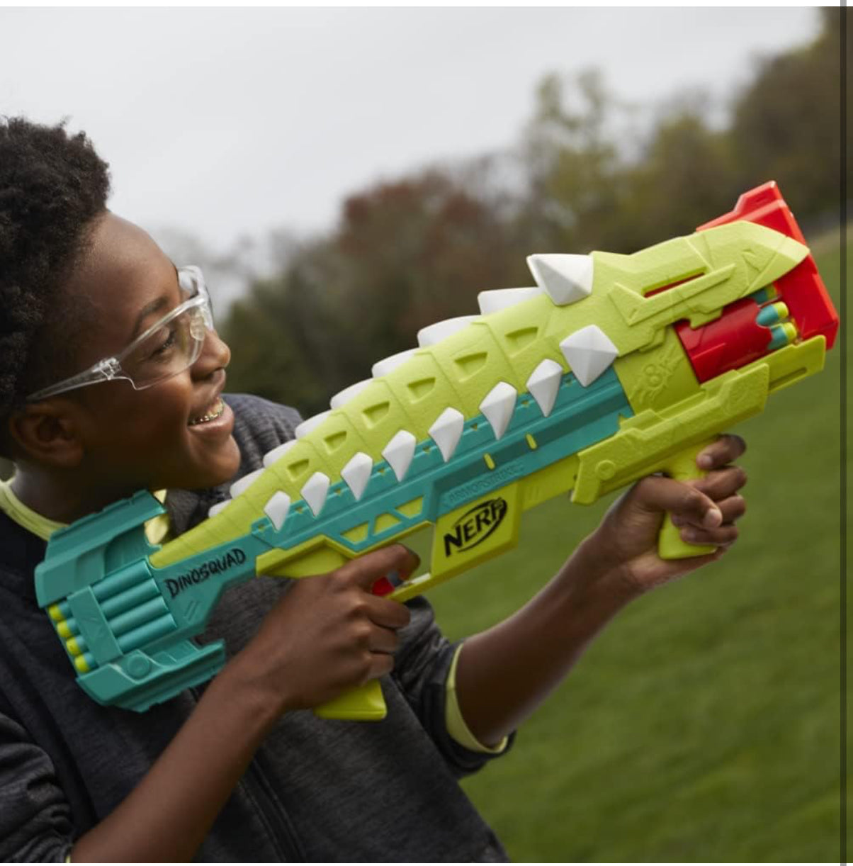 Nerf DinoSquad Armorstrike Dart Blaster, 8-Dart Rotating Drum, Drop Grip, 16 Nerf Elite Darts, Anklyosaurus Dinosaur Design