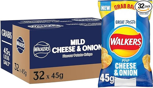 32 X 45g Walkers Crisps Grab Bags Mild Cheese & Onion (1 Box 32 Bags) BBE May 25 RRP £32.99 Sale price £15.99