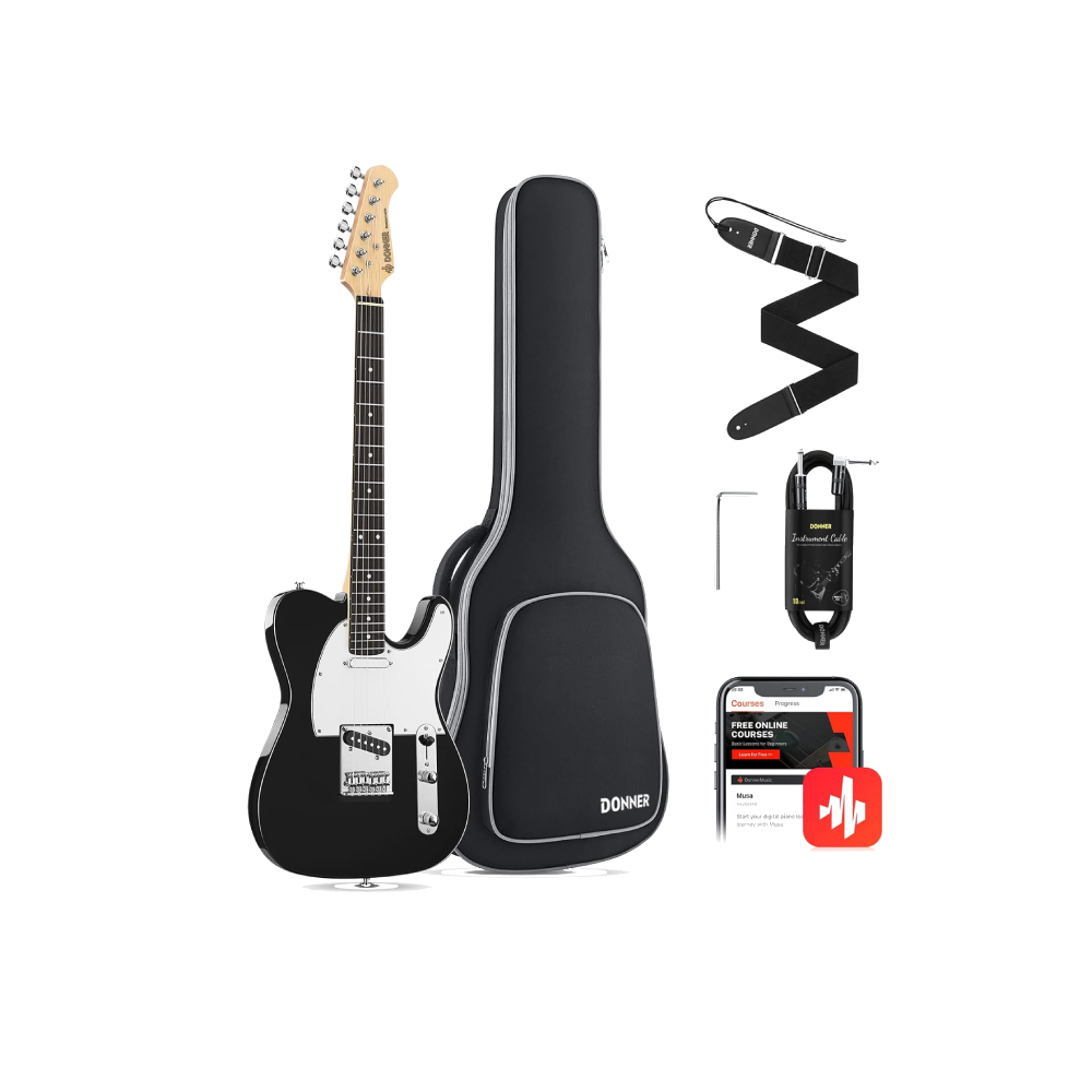 Donner Electric Guitar Full-Size 39 Inch with Dual-purpose Bag, Strap, Cable (Black)