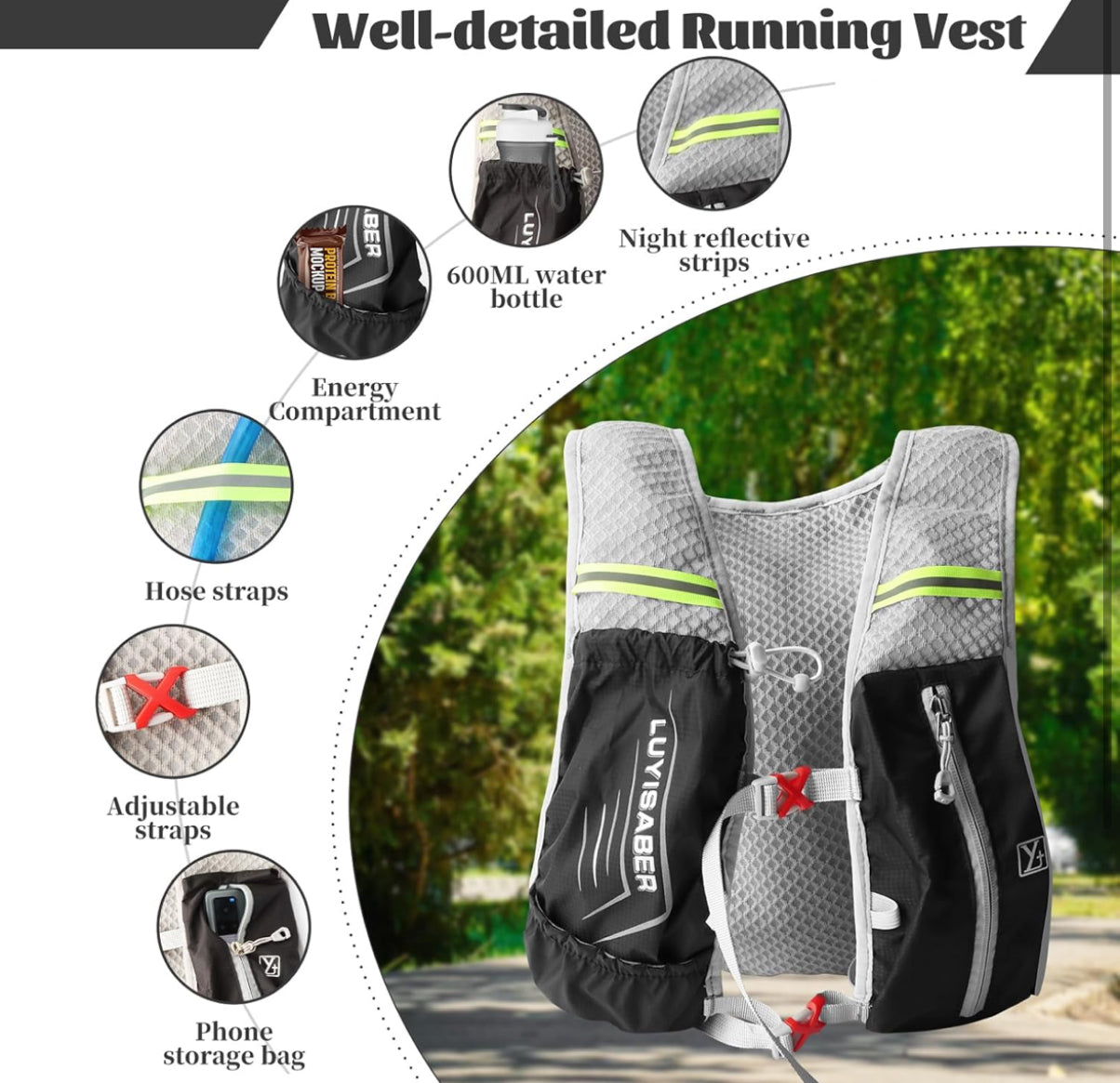 Aedcbaide Running Vest Hydration Backpack, Reflective Hydration Vest Running Men with 600ml Water Bottle, Lightweight Running Bag for Women Mens Outdoor Cycling Marathon Trail Race Hiking Climbing