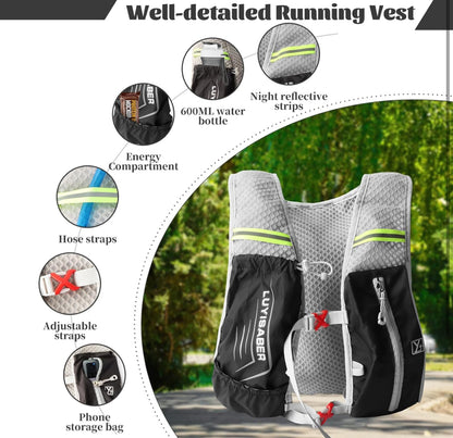 Aedcbaide Running Vest Hydration Backpack, Reflective Hydration Vest Running Men with 600ml Water Bottle, Lightweight Running Bag for Women Mens Outdoor Cycling Marathon Trail Race Hiking Climbing