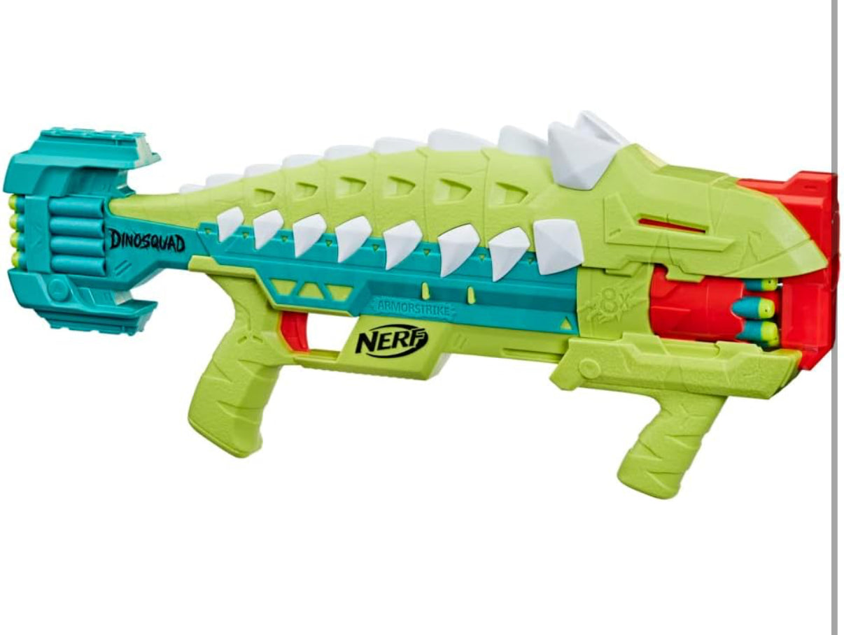 Nerf DinoSquad Armorstrike Dart Blaster, 8-Dart Rotating Drum, Drop Grip, 16 Nerf Elite Darts, Anklyosaurus Dinosaur Design
