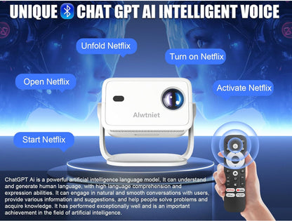 Netflix Licensed Alwtniet L018 NTV Smart Projector, 1080P Native 400 ANSI Auto Focus Auto Keystone Mini Portable Projector with Apps Built-in, ChatGPT Voice Remote Android Home Video Projector
