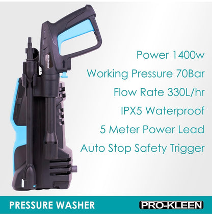 Pro-Kleen Pressure Jet Washer, 1400W Power Wash, Electric High Performance Cleaner With Accessories For Patio and Car, Portable For Cleaning Drives, Vehicles, Garden Furniture