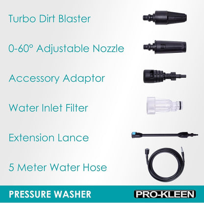 Pro-Kleen Pressure Jet Washer, 1400W Power Wash, Electric High Performance Cleaner With Accessories For Patio and Car, Portable For Cleaning Drives, Vehicles, Garden Furniture