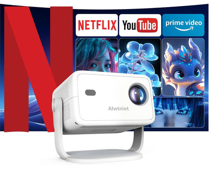 Netflix Licensed Alwtniet L018 NTV Smart Projector, 1080P Native 400 ANSI Auto Focus Auto Keystone Mini Portable Projector with Apps Built-in, ChatGPT Voice Remote Android Home Video Projector