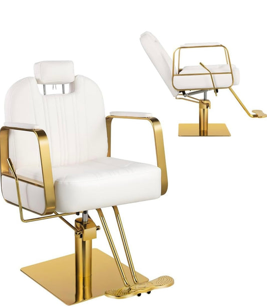 Barber Chair, Salon Chair for Hair Stylist Salon Chair for Hair Stylist, Barber Chair Hair Chair for Home Barbershop Recling, Stylist Chair Hydraulic Pump with 360° Rotation,130° Recline,White