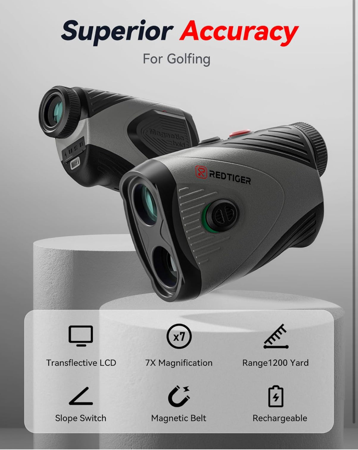 REDTIGER Golf Rangefinder with Slope On/Off, 1200 Yards, 7X Magnification, Laser Range Finder for Golf, Flag Pole Lock with Vibration, Rechargeable, Magnetic Suction