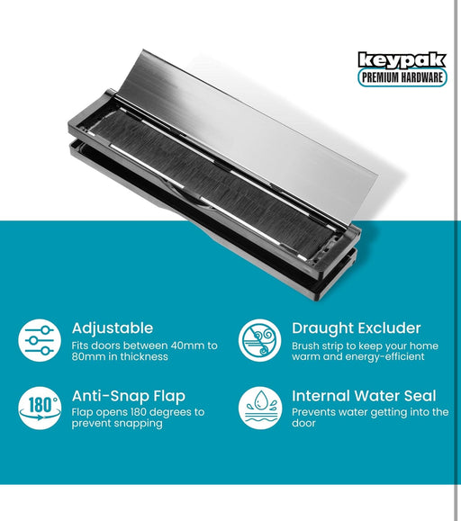 Keypak 12 inch (30.6cm) Door Letterbox - Fits 40-80mm Doors, Anti-Snap Flap, Internal Draught Excluder, Adjustable Letter Box for UPVC Composite Wood Doors (Silver/Polished Silver)