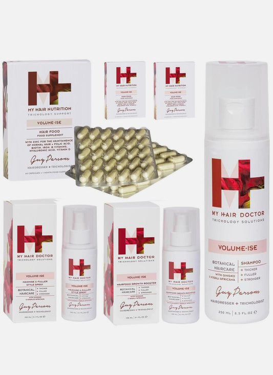 My Hair Doctor Hair Repair Treatment kit Set Vegan Multi Vitamins Supplements set ( 7 pieces ) 3x 60 Capsules 1x 200ml Conditioner 1x 250ml Shampoo 1x 150ml Hairfood Growth Booster 1 x Maximise And Fuller Style Spray