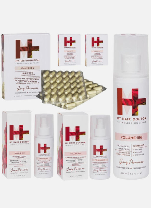 My Hair Doctor Hair Repair Treatment kit Set Vegan Multi Vitamins Supplements set ( 7 pieces ) 3x 60 Capsules 1x 200ml Conditioner 1x 250ml Shampoo 1x 150ml Hairfood Growth Booster 1 x Maximise And Fuller Style Spray