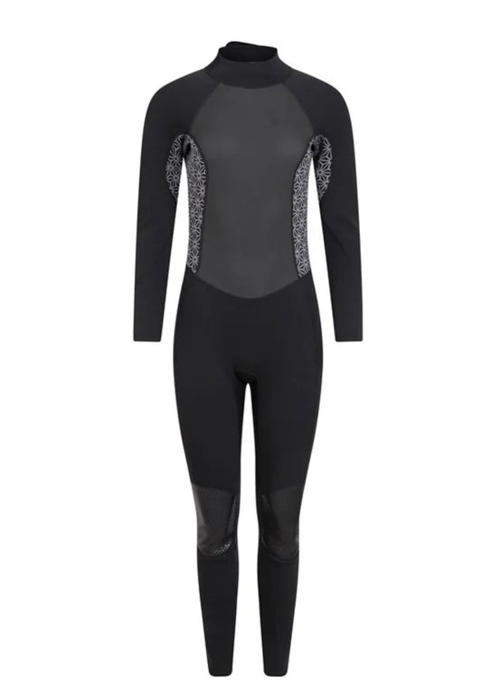 Mountain Warehouse Women's printed black 2.5mm Thickness Full Wetsuit - UPF 50+, Contour Fit, Adjustable Neck, Rubber Panel for Improved Grip - Long Sleeve Spring Summer Wet Suit for Bodyboarding & Surfing