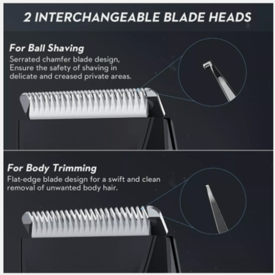 Body Hair Trimmer Men, Pubic Hair Trimmer for Men with 2 Ceramic Blade Heads, Ba