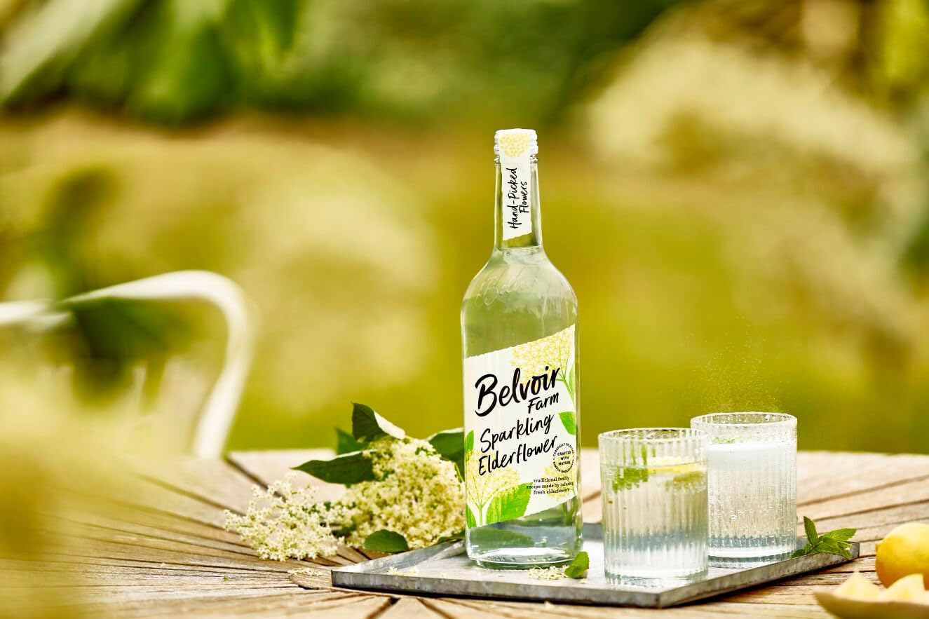 6 x 750ml Belvoir Farm Lighter Sparkling Elderflower - Hand Picked Elderflowers | 30% Less Sugar only 50 Calories | 100% Natural Ingredients | Suitable for Vegetarians & Vegans  BBE 11-26 RRP £19.99 Sale price £7.99