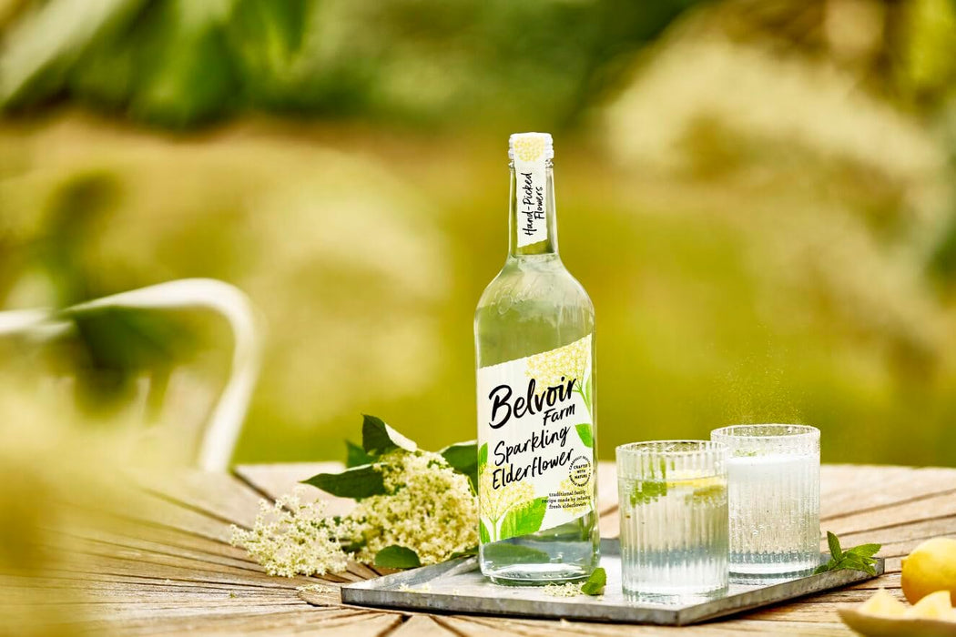 6 x 750ml Belvoir Farm Lighter Sparkling Elderflower - Hand Picked Elderflowers | 30% Less Sugar only 50 Calories | 100% Natural Ingredients | Suitable for Vegetarians & Vegans  BBE 11-26 RRP £19.99 Sale price £7.99